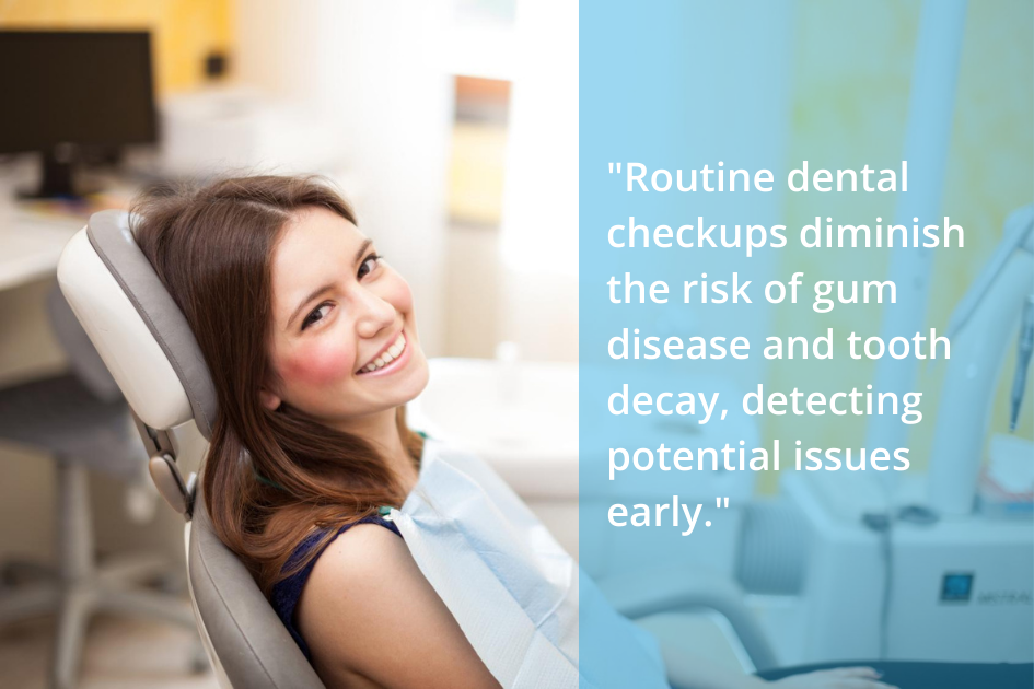 A woman sitting in a dental chair for routine dental checkups, to prevent gum disease and detect potential tooth issues early.