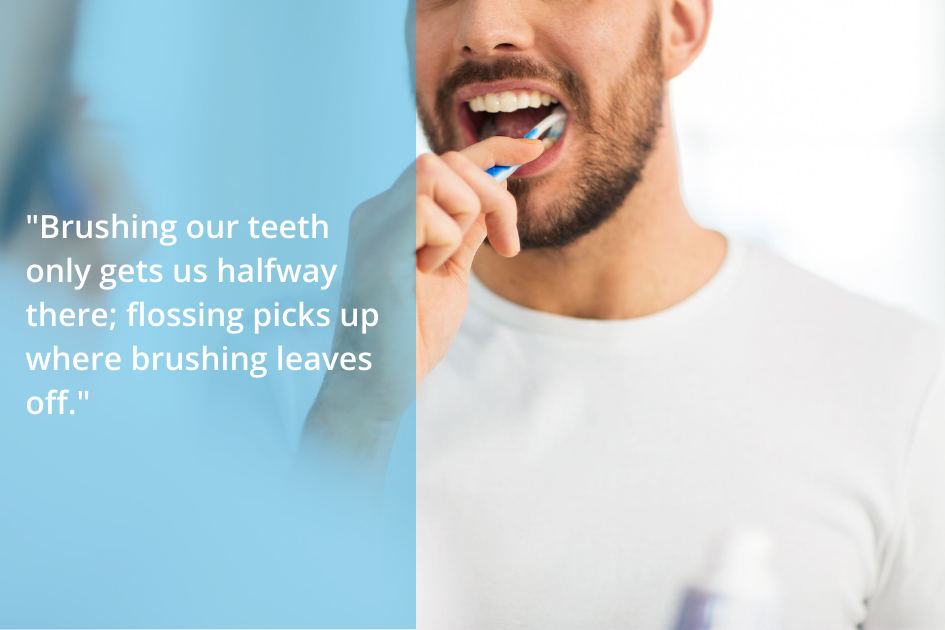 Man demonstrating flossing fundamentals, promoting the importance of dental hygiene beyond brushing for a healthy smile.