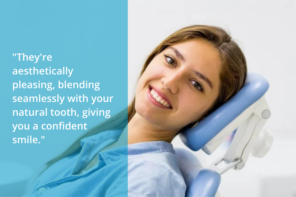 Dentist visit: patient with a radiant smile, reflecting satisfaction with dental care services after getting tooth-colored fillings.