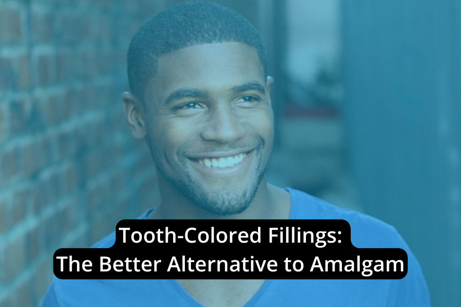 A smiling man with promotional text about tooth-colored fillings as an alternative to amalgam.