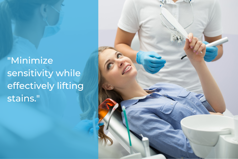 A woman reclines in a dental chair in Austin, smiling at a dentist holding a dental tool. Text on the image reads, "Minimize sensitivity while effectively lifting stains with expert cosmetic dentistry.