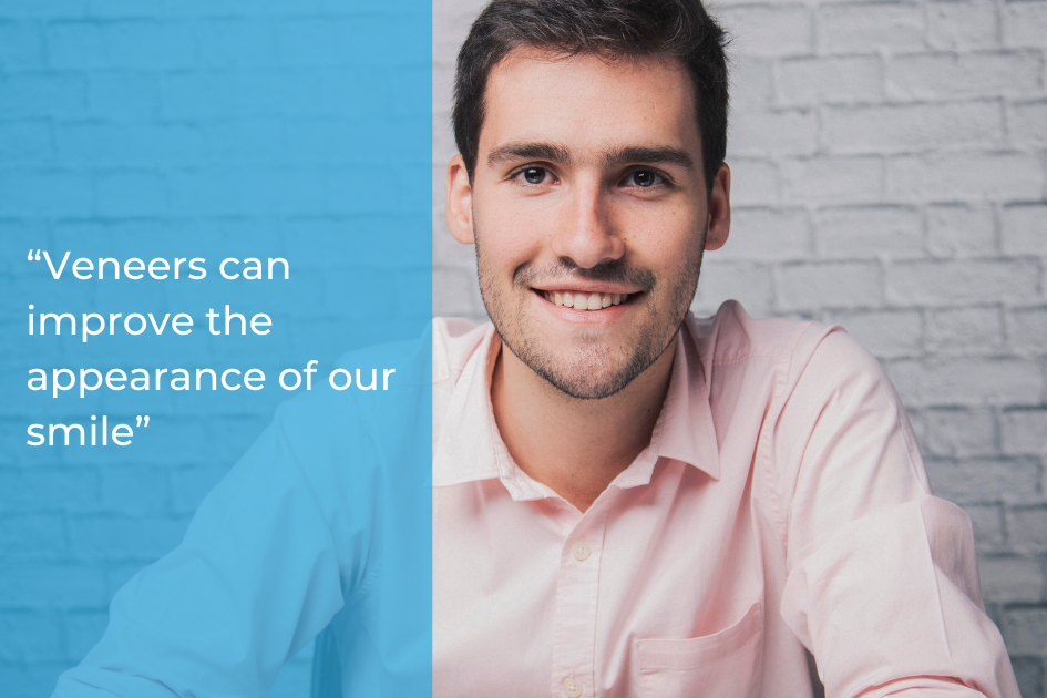 A man in a light pink shirt smiles at the camera next to text that reads, "Porcelain veneers can transform your smile and improve its appearance.