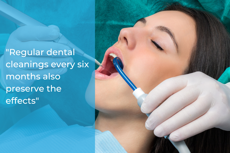 A dentist in Austin uses tools to clean a woman's teeth while she reclines in a chair; a quote about how to maintain a bright smile through regular dental cleanings appears on the left side of the image.