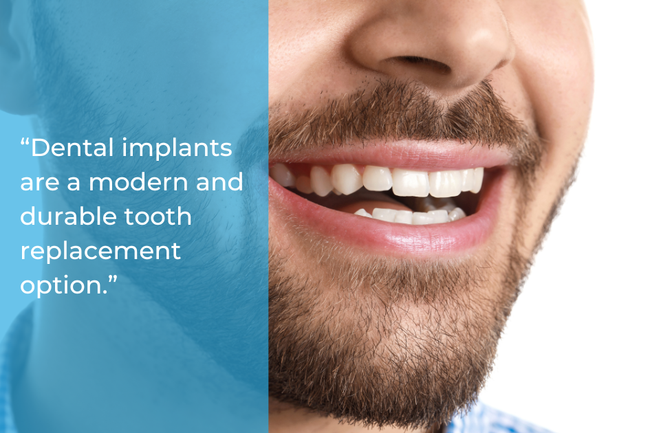 Close-up of a smiling man with white teeth and a beard, next to a text box about dental implants and bridges as tooth replacement options from an experienced Austin dentist.