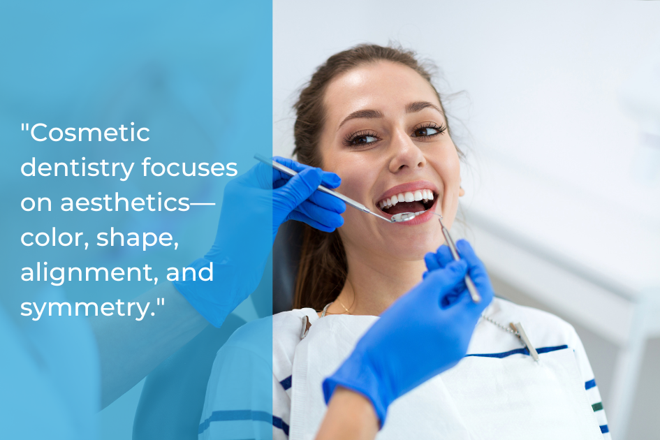 A woman at a dental clinic smiles while a dentist examines her teeth with dental tools; a quote about why you should choose a cosmetic dentist is overlaid on the left.