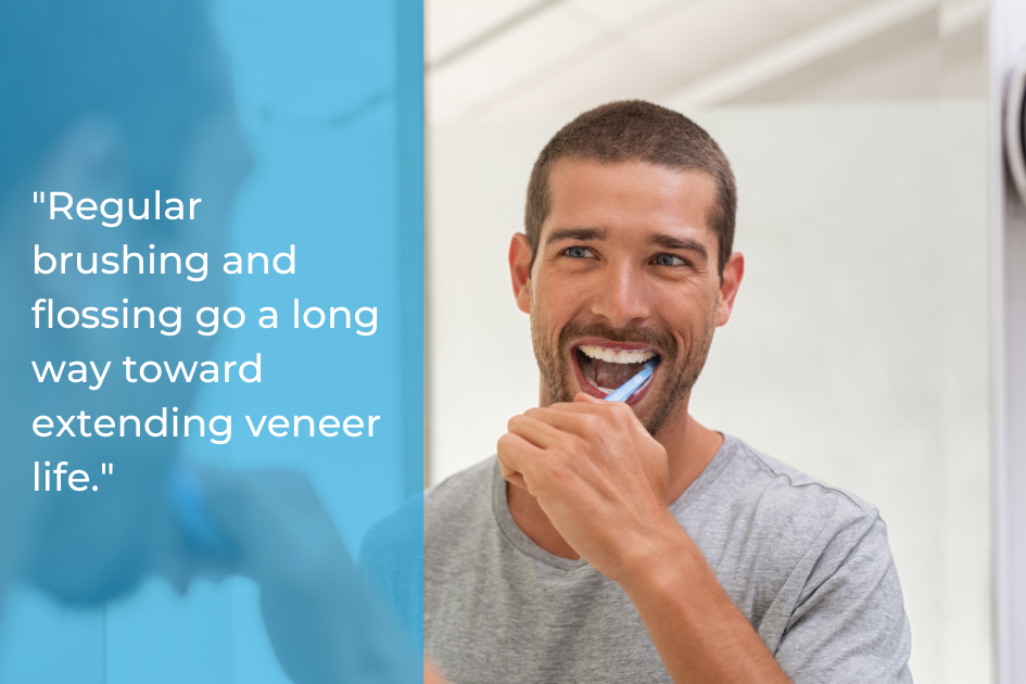 A man brushes his teeth in front of a mirror. Text overlay reads: "Regular brushing and flossing help extend your porcelain veneers lifespan.