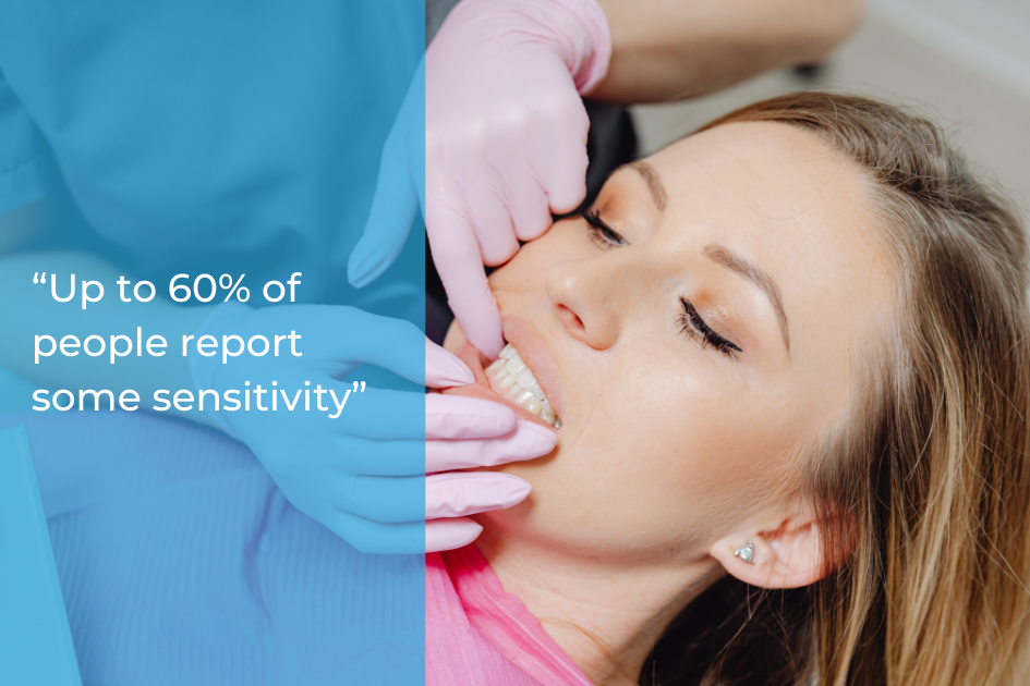 A dentist wearing pink gloves examines a woman's teeth. Overlaid text reads, "Up to 60% of people report some sensitivity," highlighting a common teeth whitening myth about pain during treatment.