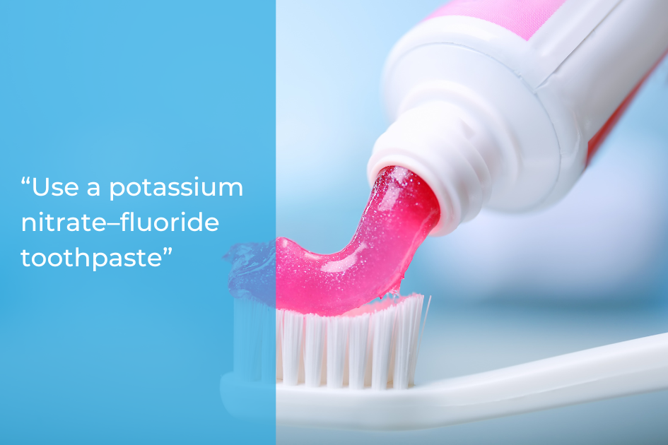 A close-up of pink toothpaste being applied to a toothbrush, with text addressing Teeth Whitening Myths and recommending potassium nitrate–fluoride toothpaste.