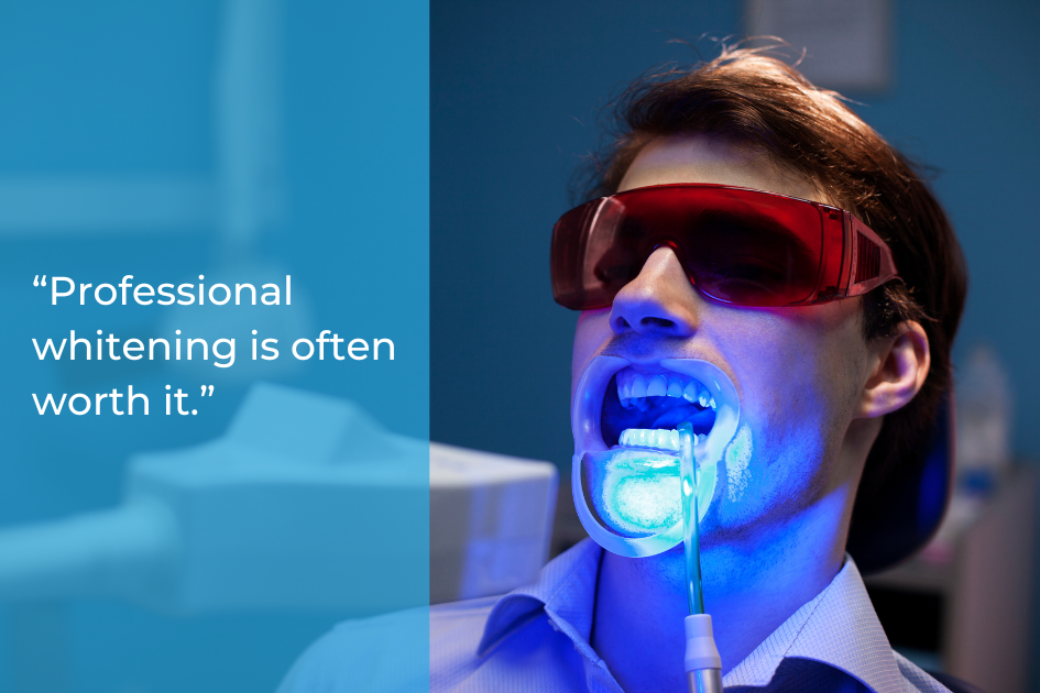 A person wearing protective glasses undergoes a Professional Teeth Whitening treatment with blue light; a quote about whitening appears on the left, perfect for brightening your smile at the Start of the Year.